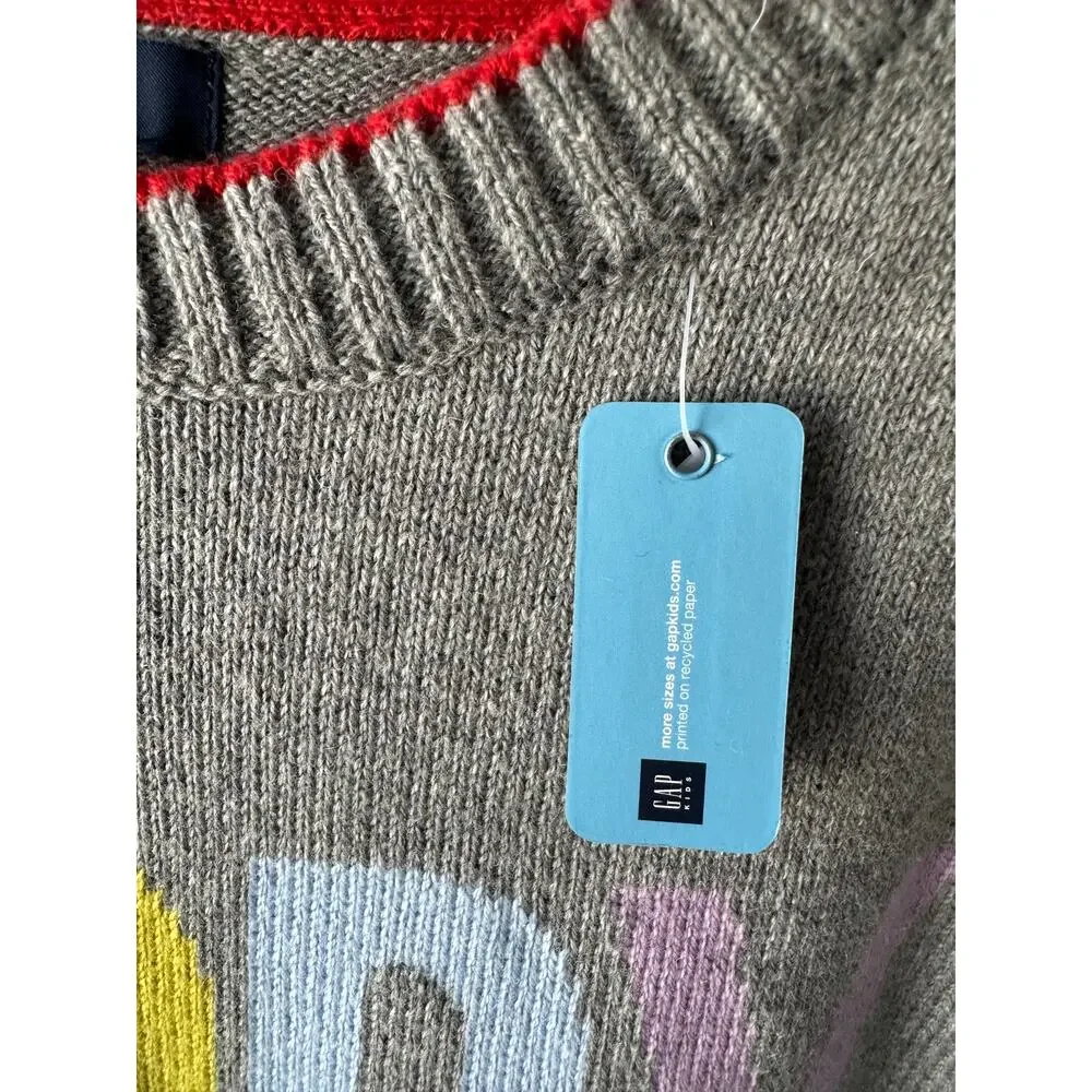 GAP Heather Gray Long Sleeve HAPPY Sweater Unisex Size 12 New